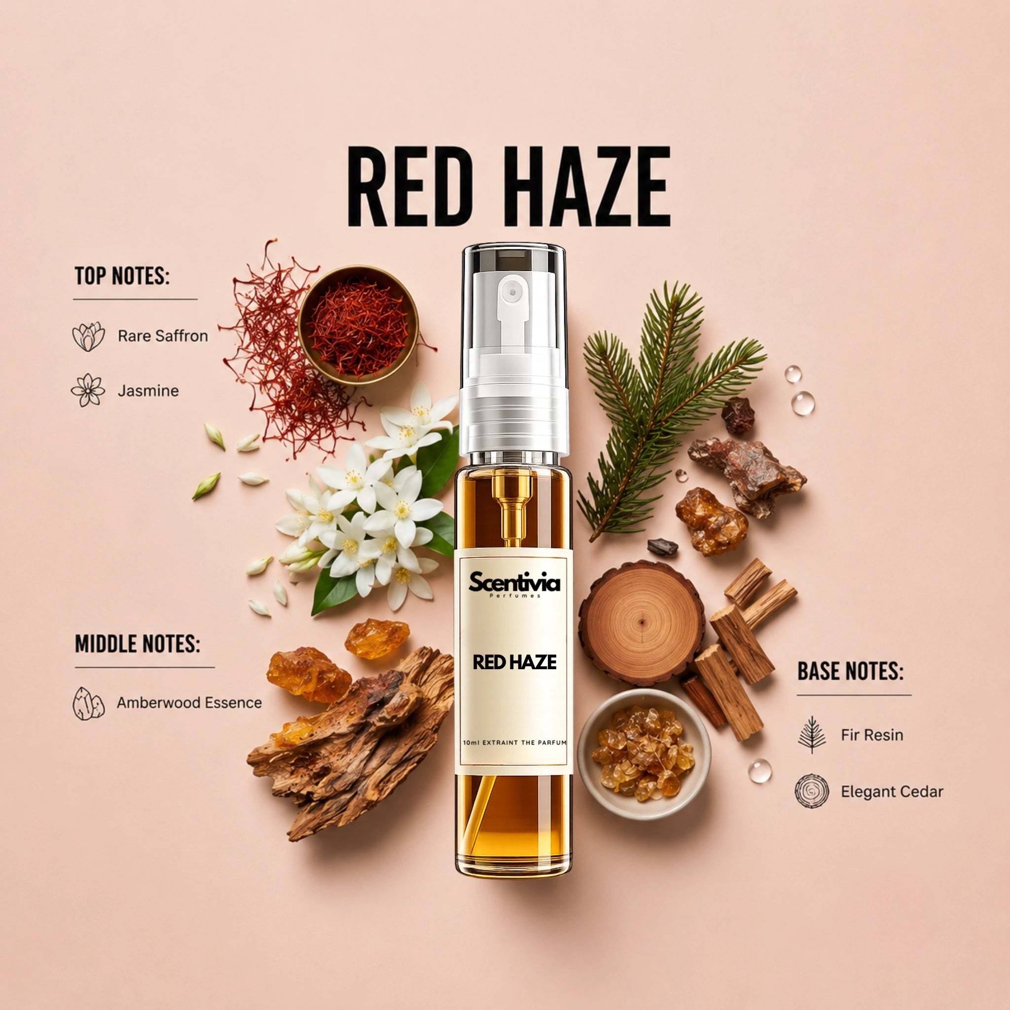 Red Haze 10ML perfume bottle by Scentivia Perfumes with saffron, jasmine, amberwood, fir resin and cedar