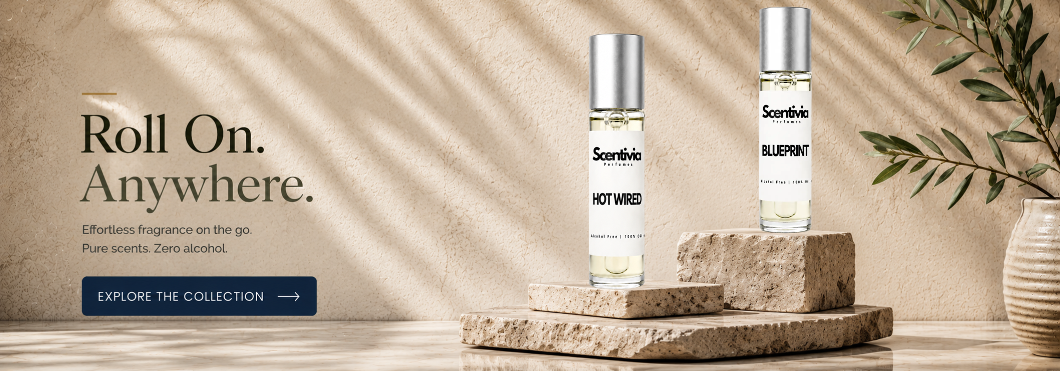 Two bottles of Scentsible perfume on a stone platform with a neutral background