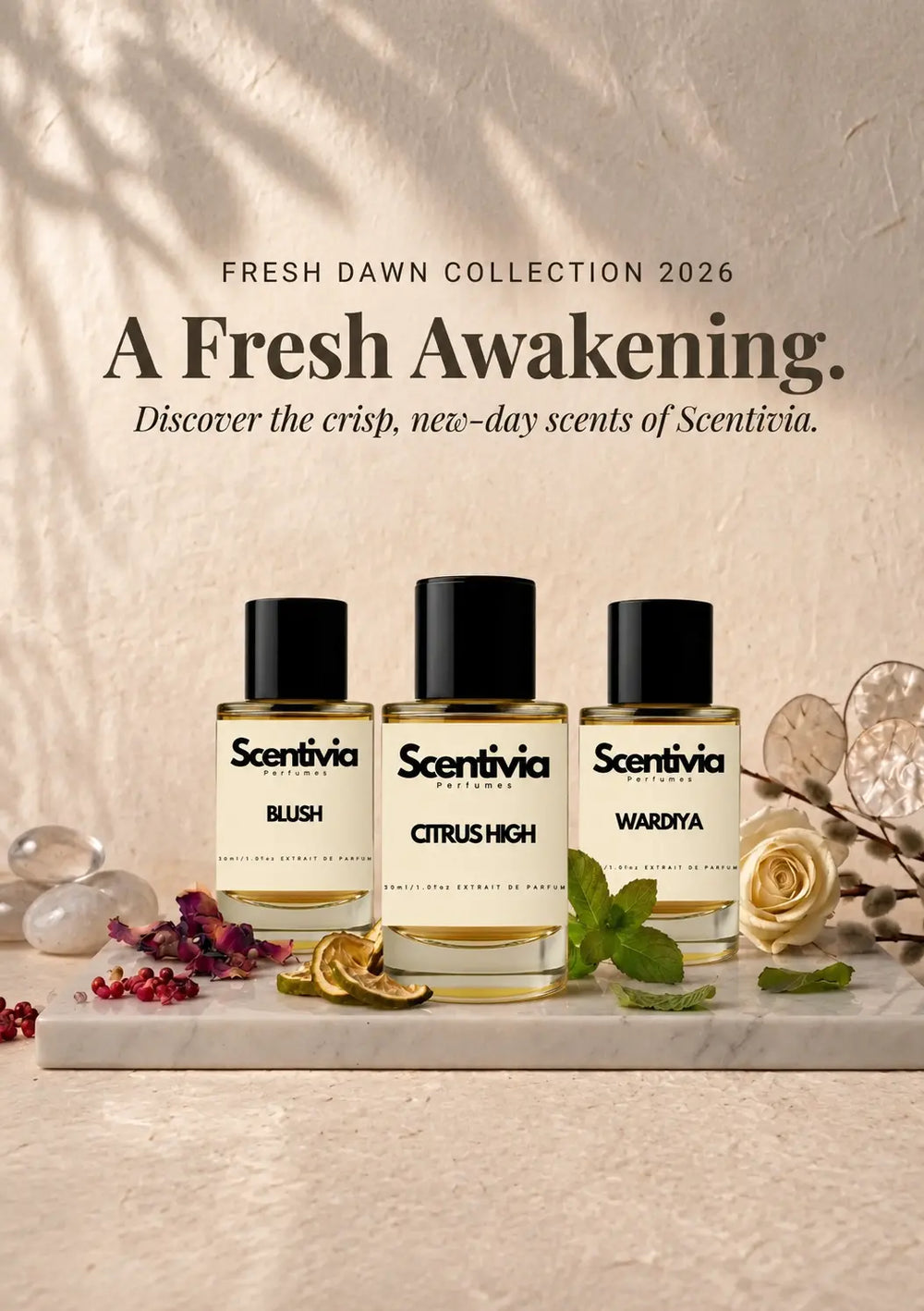 Scentivia Perfumes Fresh Dawn Collection 2026 mobile banner featuring three perfume bottles (Blush, Citrus High, Wardiya) arranged on a white marble slab. Surrounded by dried flower petals, mint leaves, dried citrus slices, and a white rose under soft morning tree shadows. Text reads: "A Fresh Awakening. Discover the crisp, new-day scents of Scentivia."
