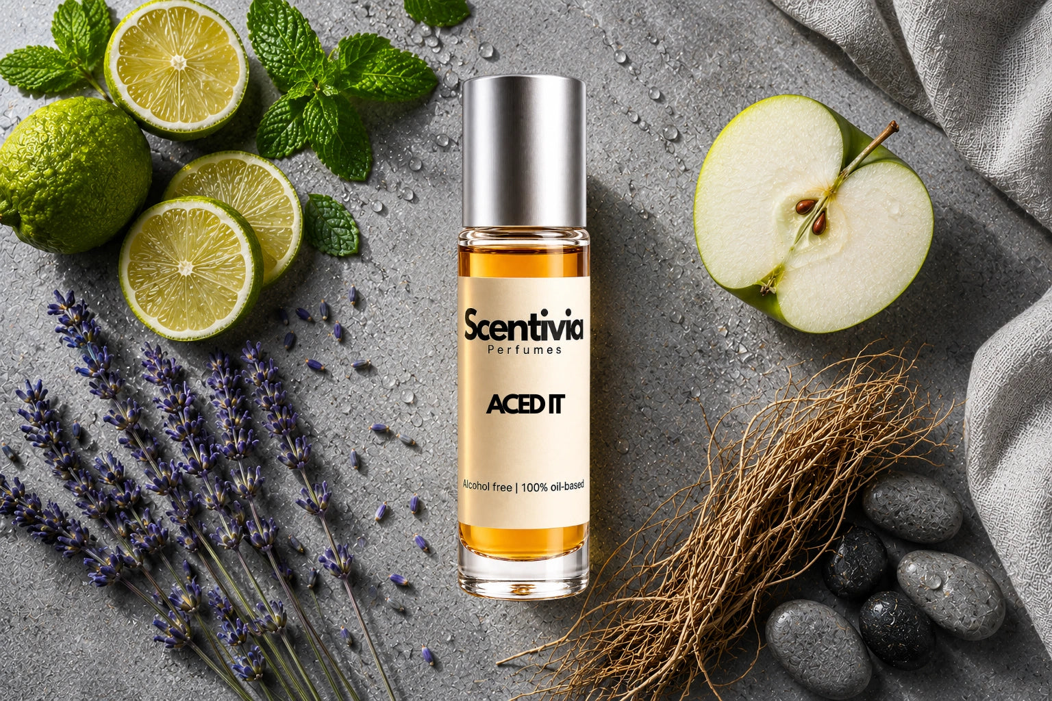 Aced It roll on bottle with Lime, Mint, Green Apple, Lavender, Vetiver roots and smooth stones on grey background