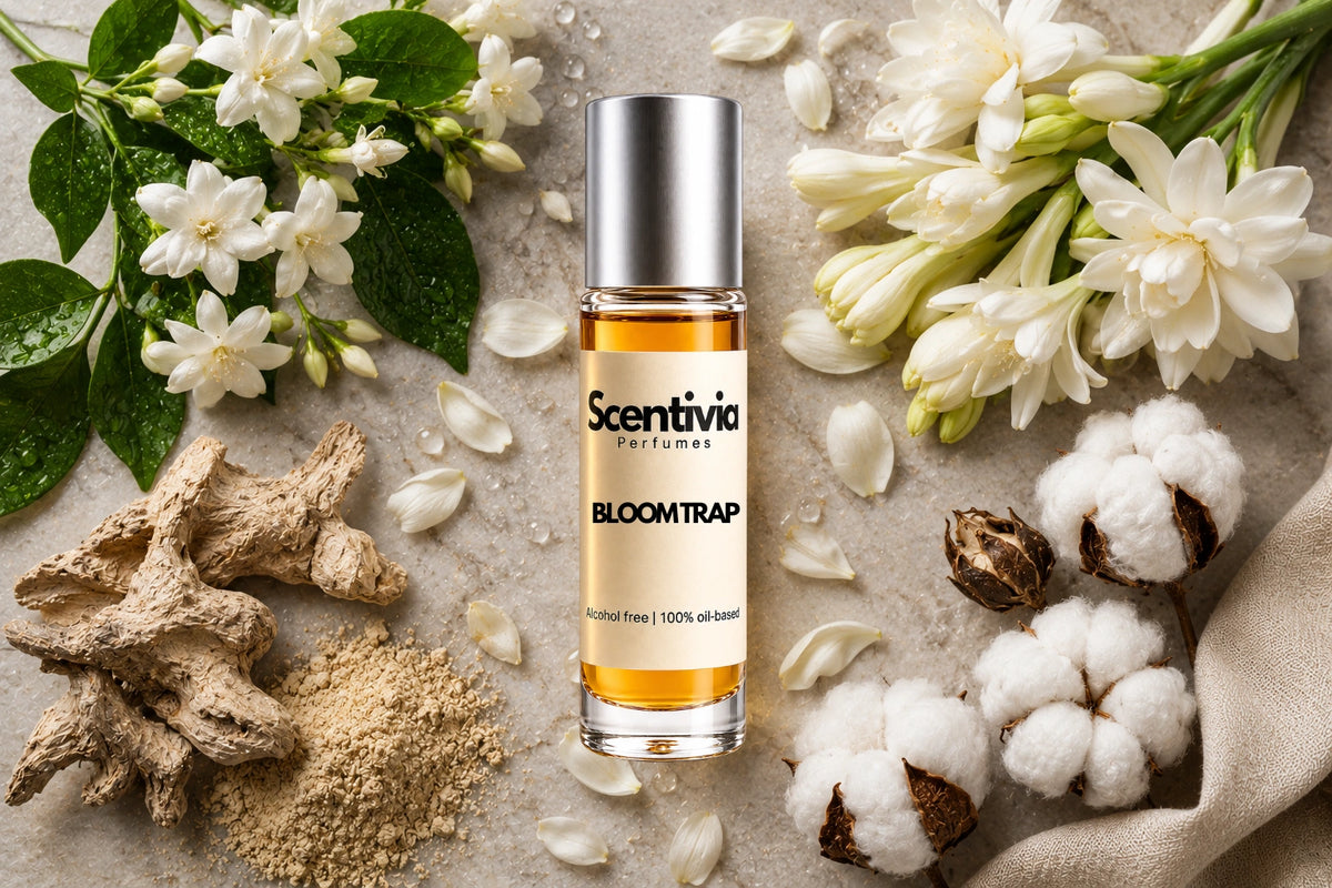 Bloom Trap roll on bottle with Jasmine flowers, Tuberose, Cotton blooms and earthy roots on soft marble background
