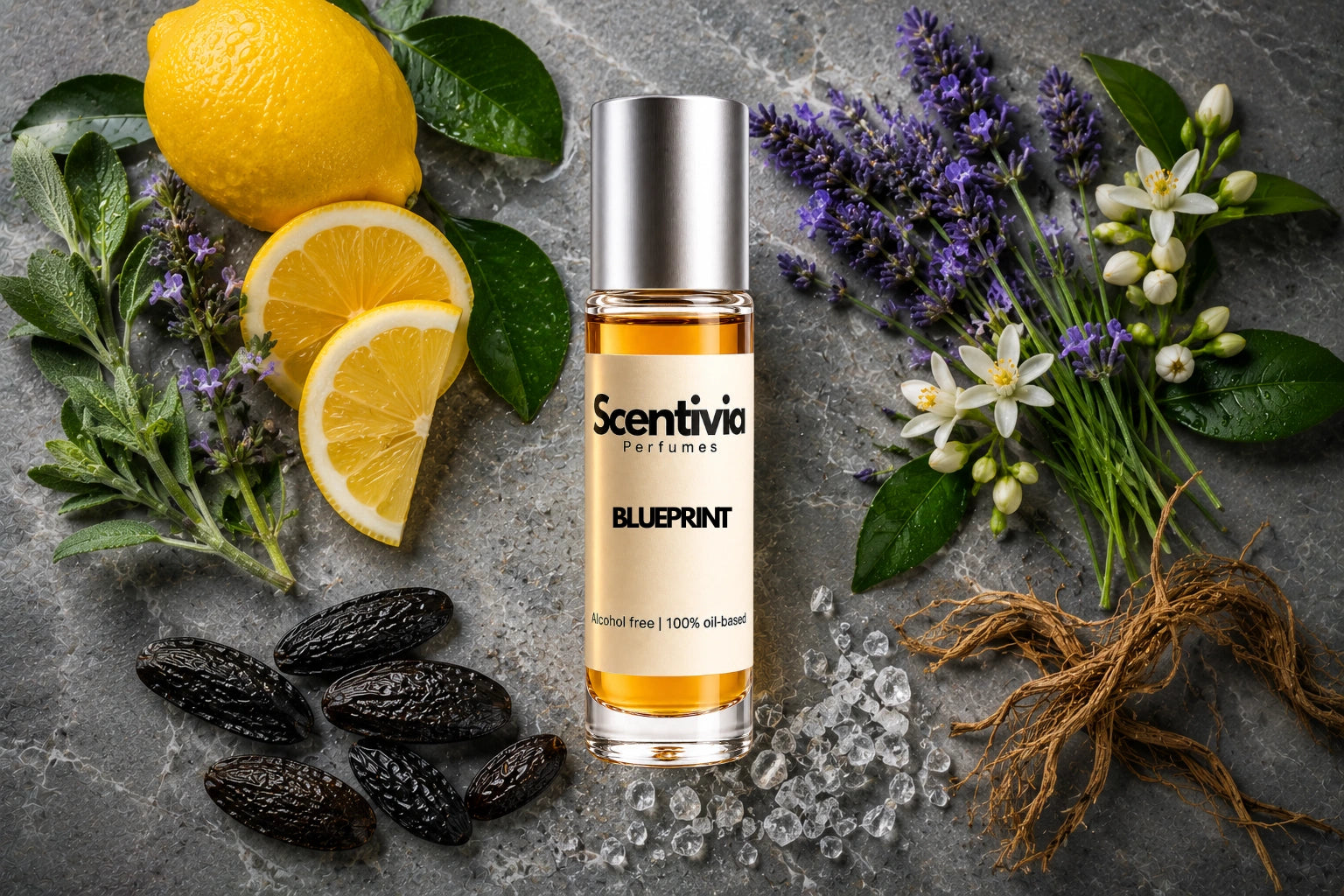 Blueprint roll on bottle with lemon slices, lavender, white blossoms, vanilla beans, sea salt crystals and vetiver roots