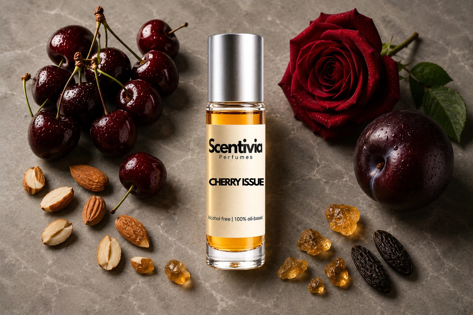 Cherry Issue Roll On bottle surrounded by cherries, red rose, plum, almonds, amber crystals and cacao beans on a stone background
