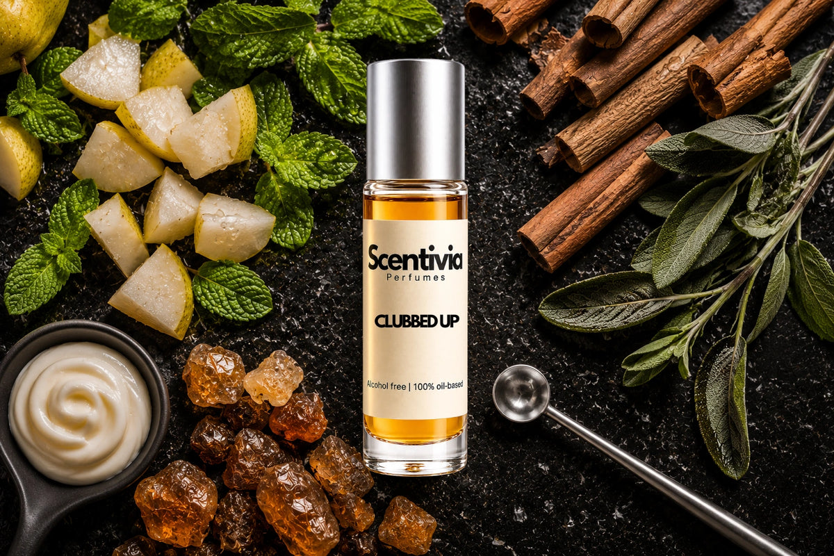 Clubbed Up roll on bottle with Pear, Mint, Cinnamon sticks, Sage leaves, Cream and Amber crystals on dark background