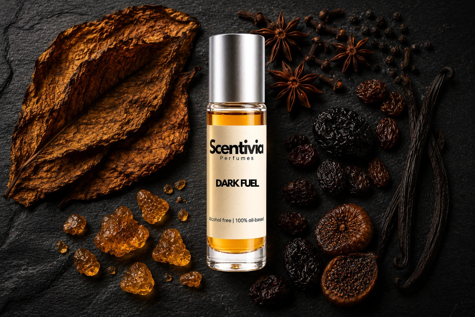 Dark Fuel roll on bottle with dried tobacco leaves, vanilla pods, star anise, raisins, figs and amber crystals on dark background