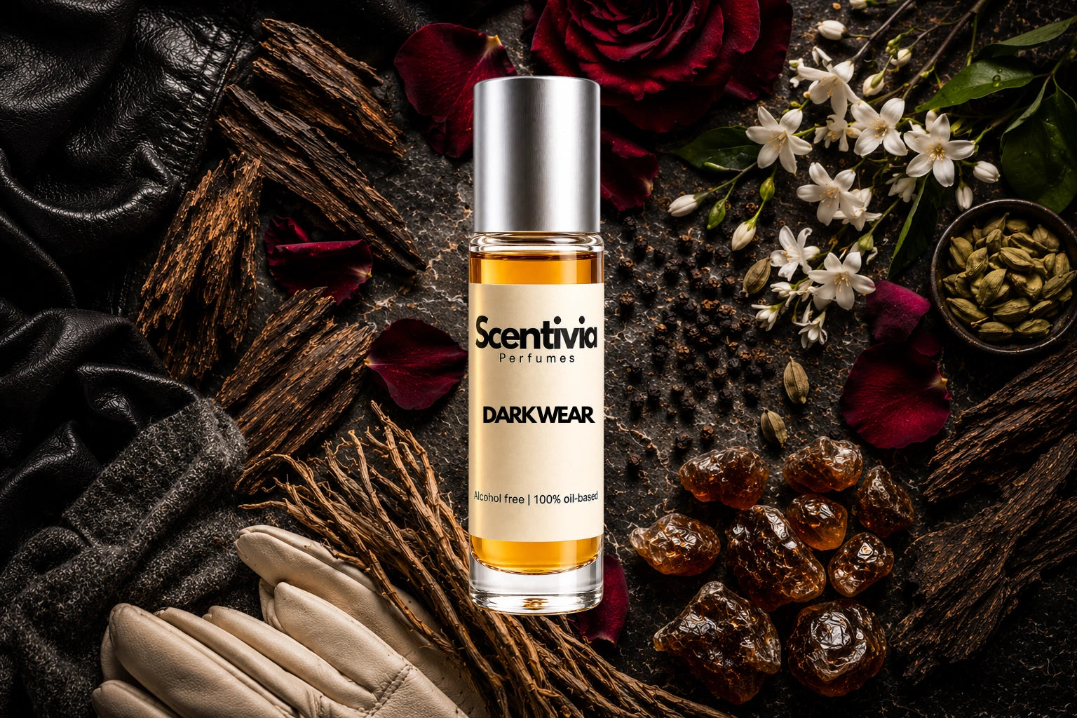 Dark Wear roll on bottle with Oud wood, Rose petals, Jasmine, Cardamom, Amber resin and Vetiver roots on dark background