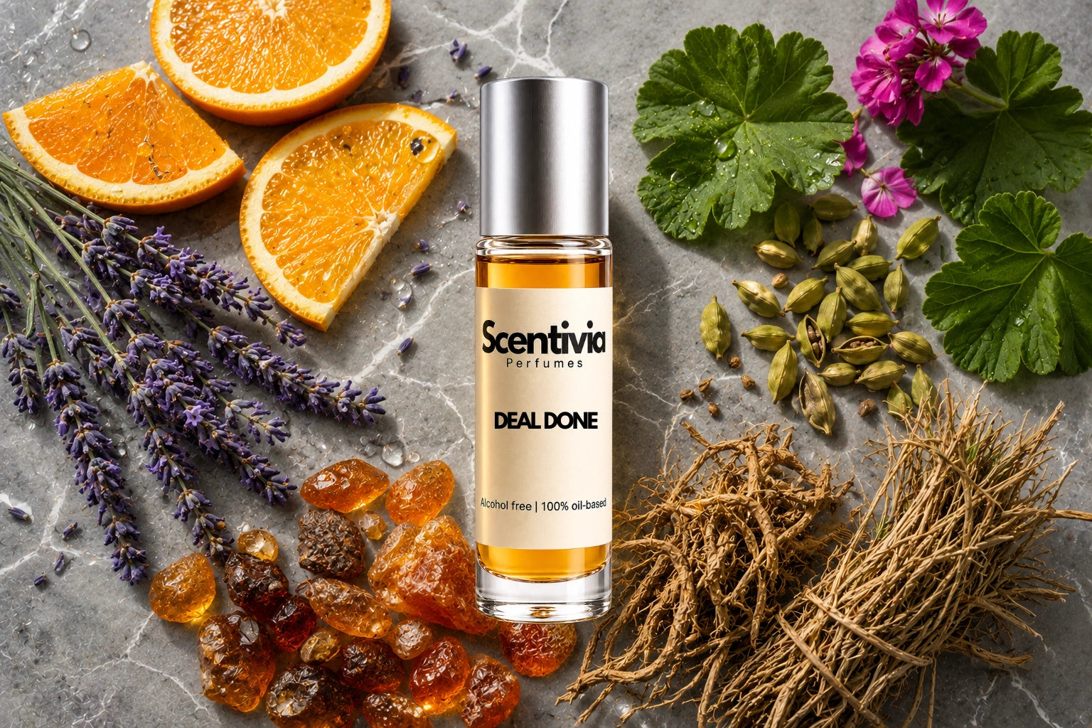 Deal Done roll on bottle with Orange, Lavender, Cardamom, Amber crystals and Vetiver roots on stone background