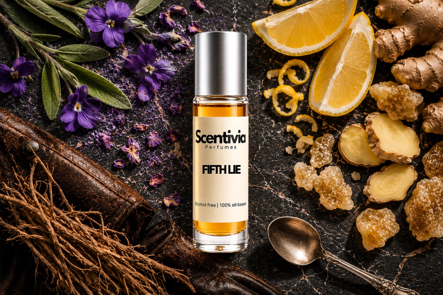 Fifth Lie roll on bottle with Lemon slices, Ginger, Violet flowers, Sage leaves, Vetiver roots and Amber crystals on dark background