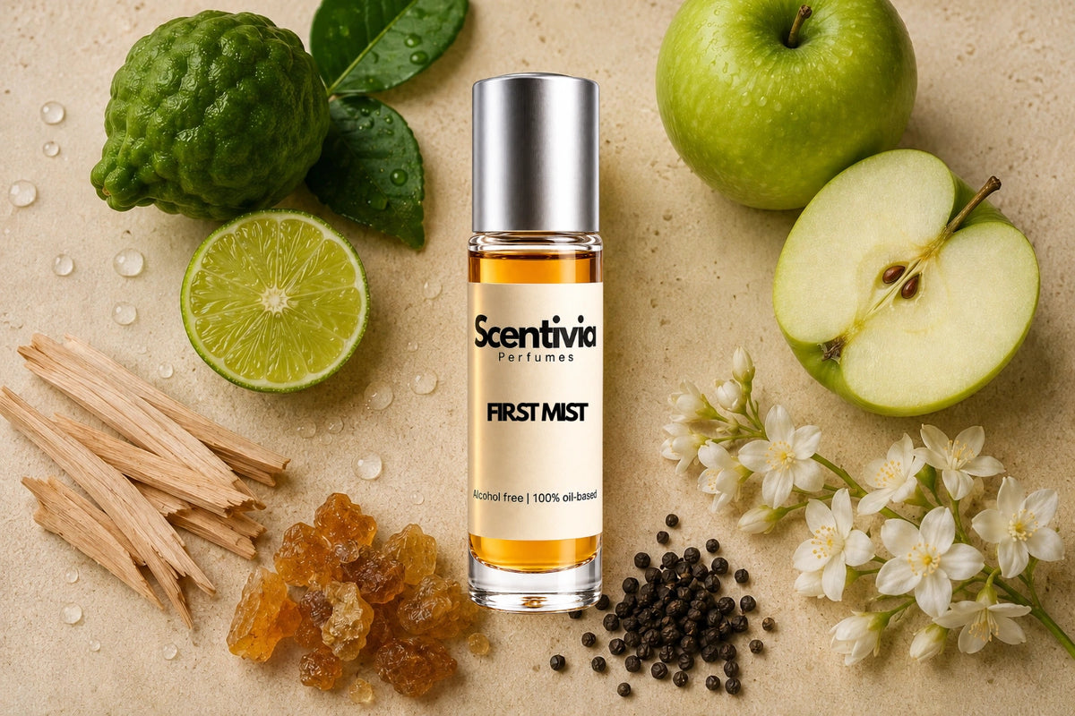 First Mist Roll On bottle surrounded by Bergamot, Green Apple, White Florals, Cedarwood, Amber and Pepper