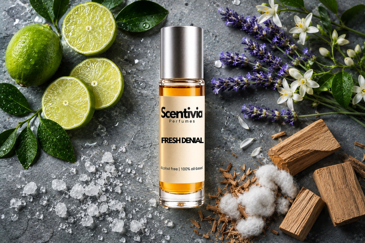 Fresh Denial roll on bottle with Lime slices, Lavender, White Blossoms, Sea Salt, Cotton and Sandalwood on stone background