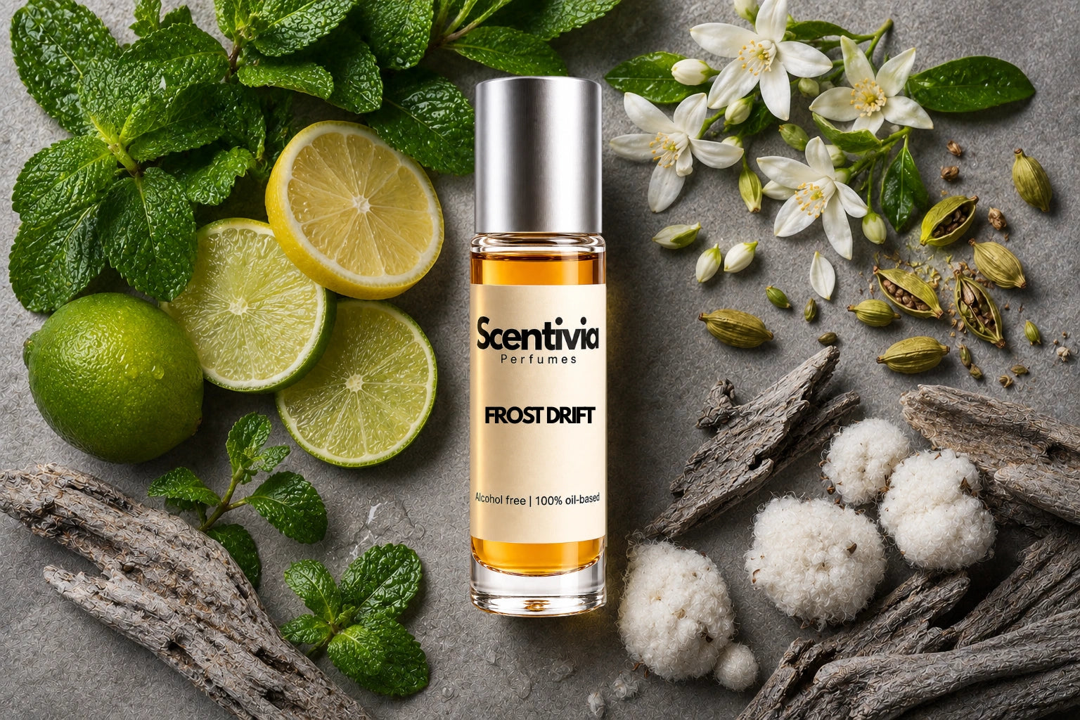 Frost Drift Roll On bottle surrounded by Citrus, Mint, White Florals, Cardamom and Driftwood with fresh cool notes