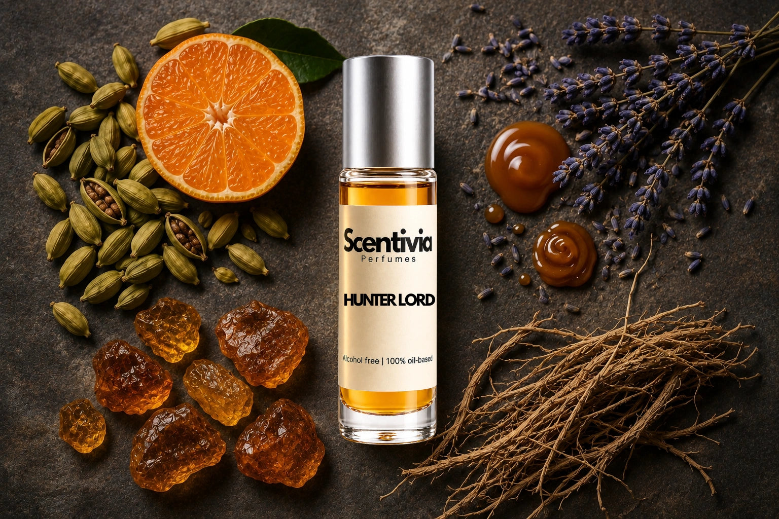 Hunter Lord Roll On bottle surrounded by Mandarin, Cardamom, Lavender, Vetiver and Amber with warm spicy notes