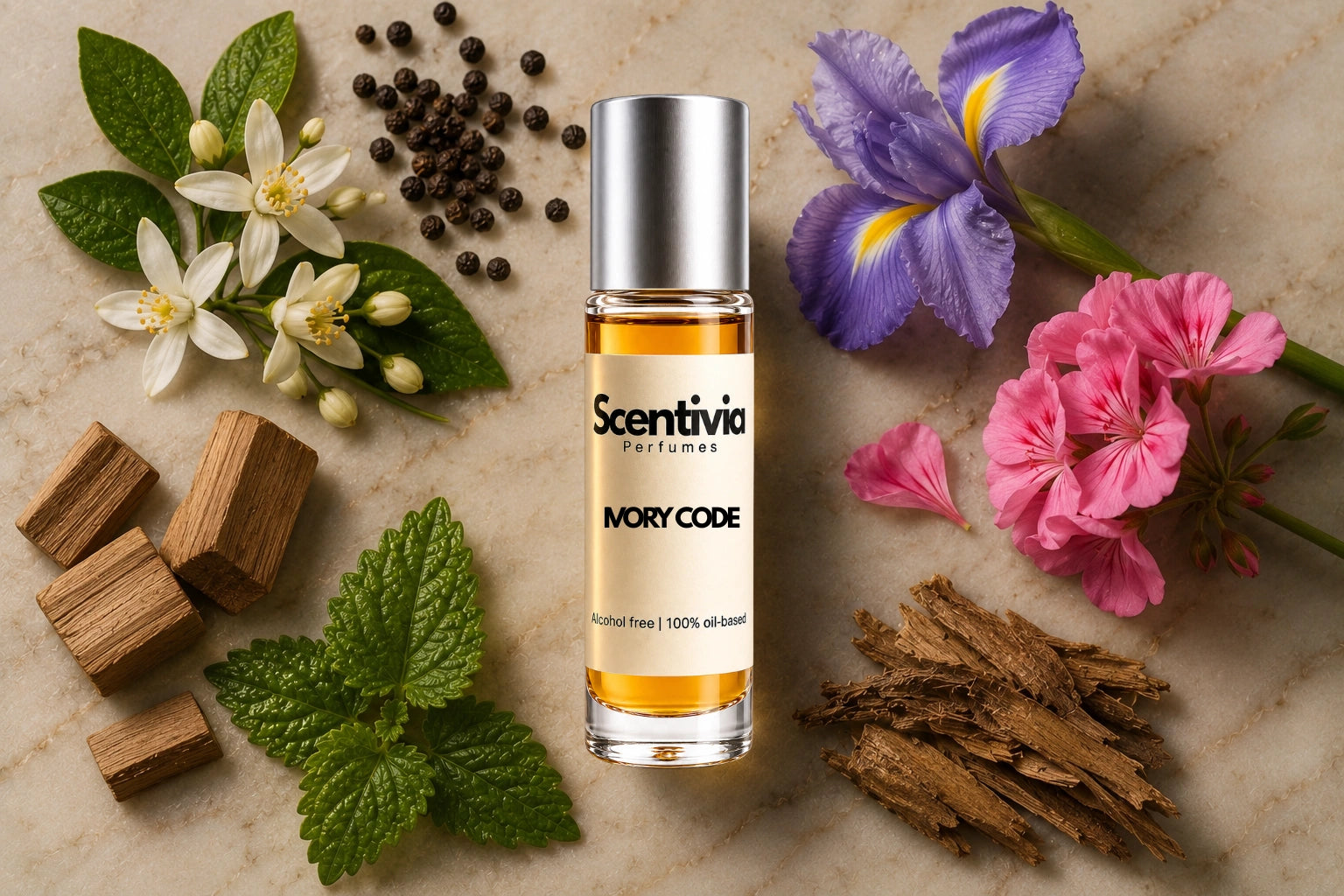 Ivory Code Roll On bottle surrounded by Neroli, Iris, Geranium, Cedarwood and Patchouli with elegant woody notes