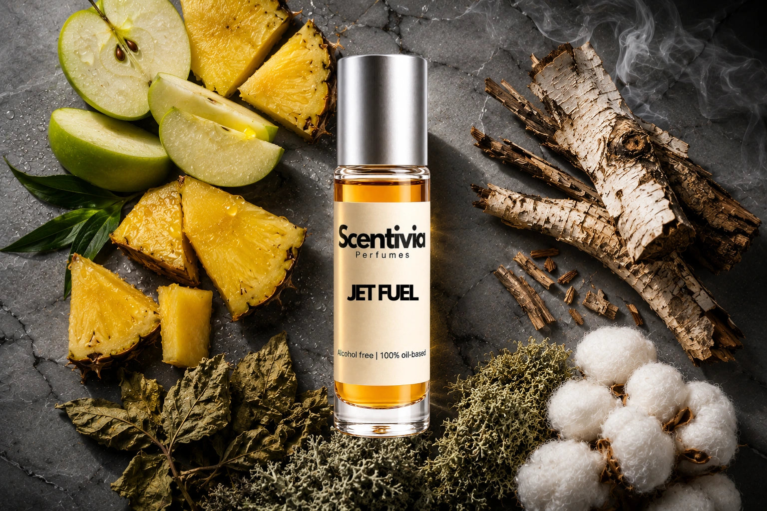 Jet Fuel roll on bottle with Green Apple, Pineapple, Birchwood, Cotton and earthy moss on dark stone background