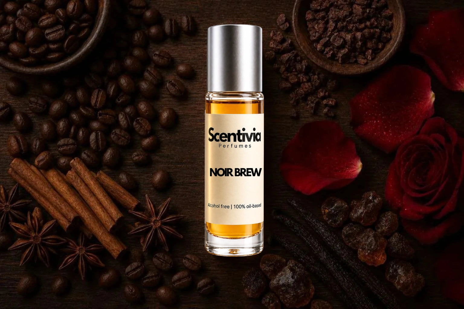 Noir Brew Roll On bottle surrounded by Coffee Beans, Cinnamon, Rose Petals, Vanilla and rich warm gourmand notes
