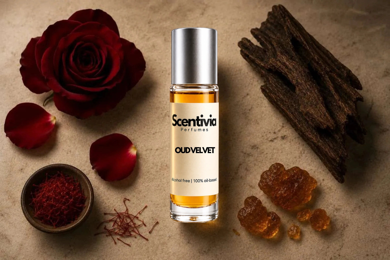 Oud Velvet Roll On bottle surrounded by Rose, Saffron, Oud Wood and Amber with rich deep woody fragrance notes
