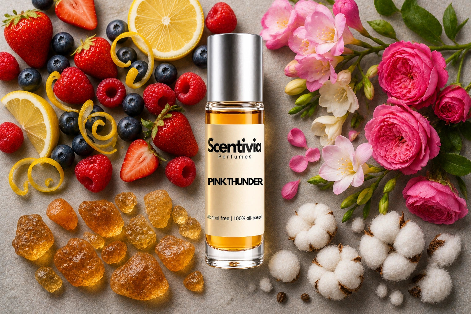 Pink Thunder Roll On bottle surrounded by Berries, Citrus, Pink Florals, Amber and Cotton with sweet fruity notes