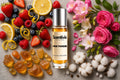 Pink Thunder Roll On bottle surrounded by Berries, Citrus, Pink Florals, Amber and Cotton with sweet fruity notes