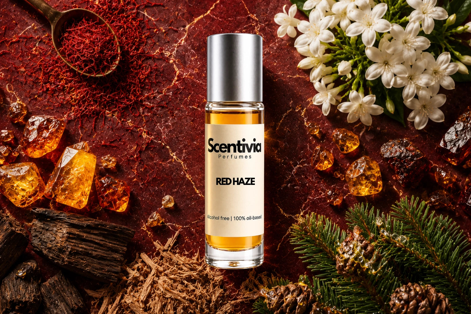 Red Haze roll on bottle with Saffron, Jasmine flowers, Oud wood, Amber crystals and Pine branches on deep red background