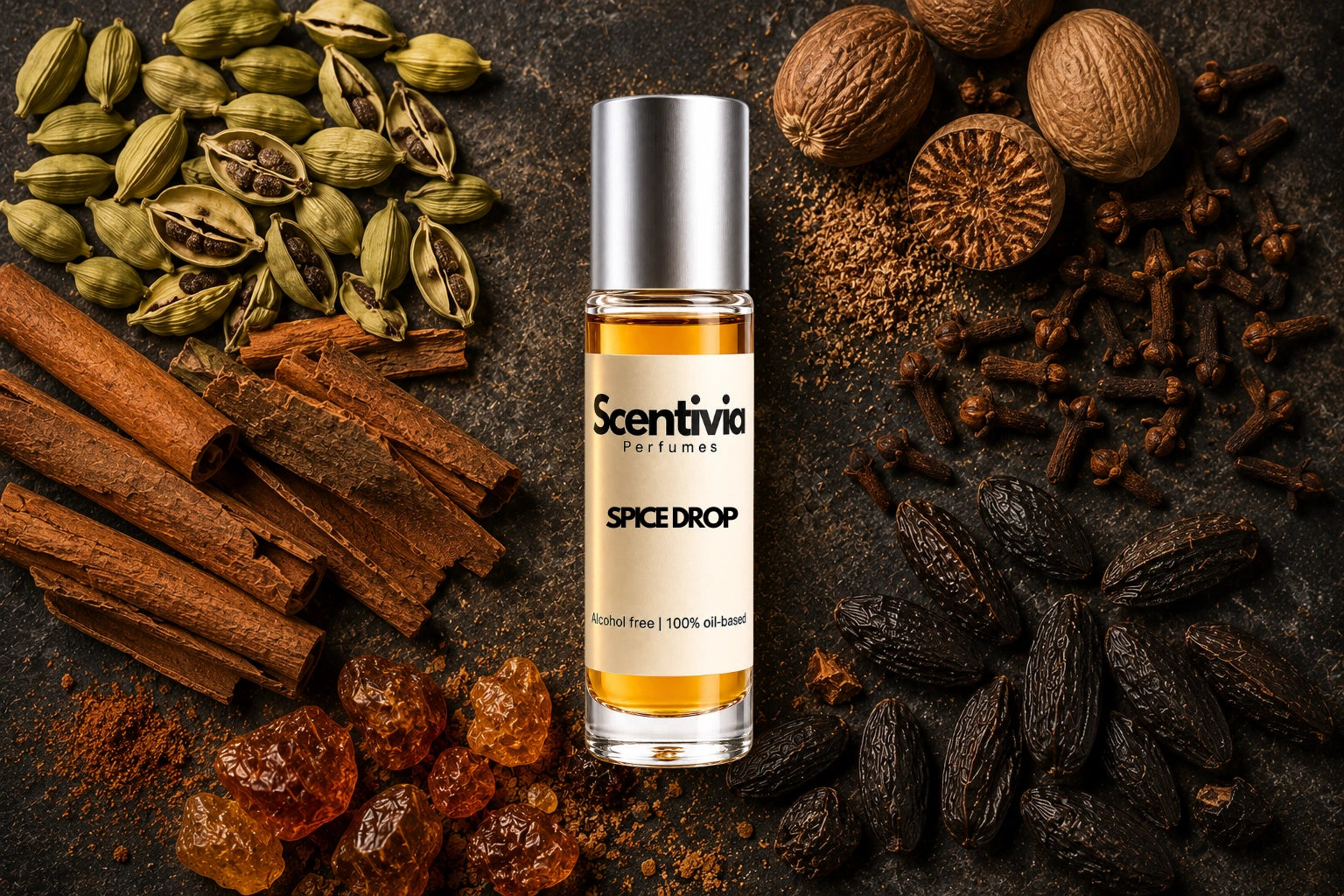 Spice Drop roll on bottle with Cardamom, Cinnamon, Cloves, Nutmeg, Vanilla beans and Amber crystals on dark background