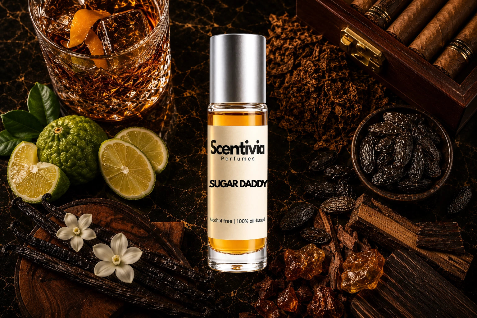 Sugar Daddy roll on bottle with Bergamot, Lime, Vanilla pods, Tobacco, Oud wood and Amber crystals on dark marble background