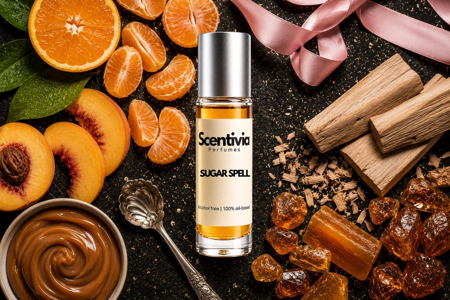 Sugar Spell roll on bottle with Orange slices, Peach, Caramel cream, Sandalwood and Amber crystals on dark background