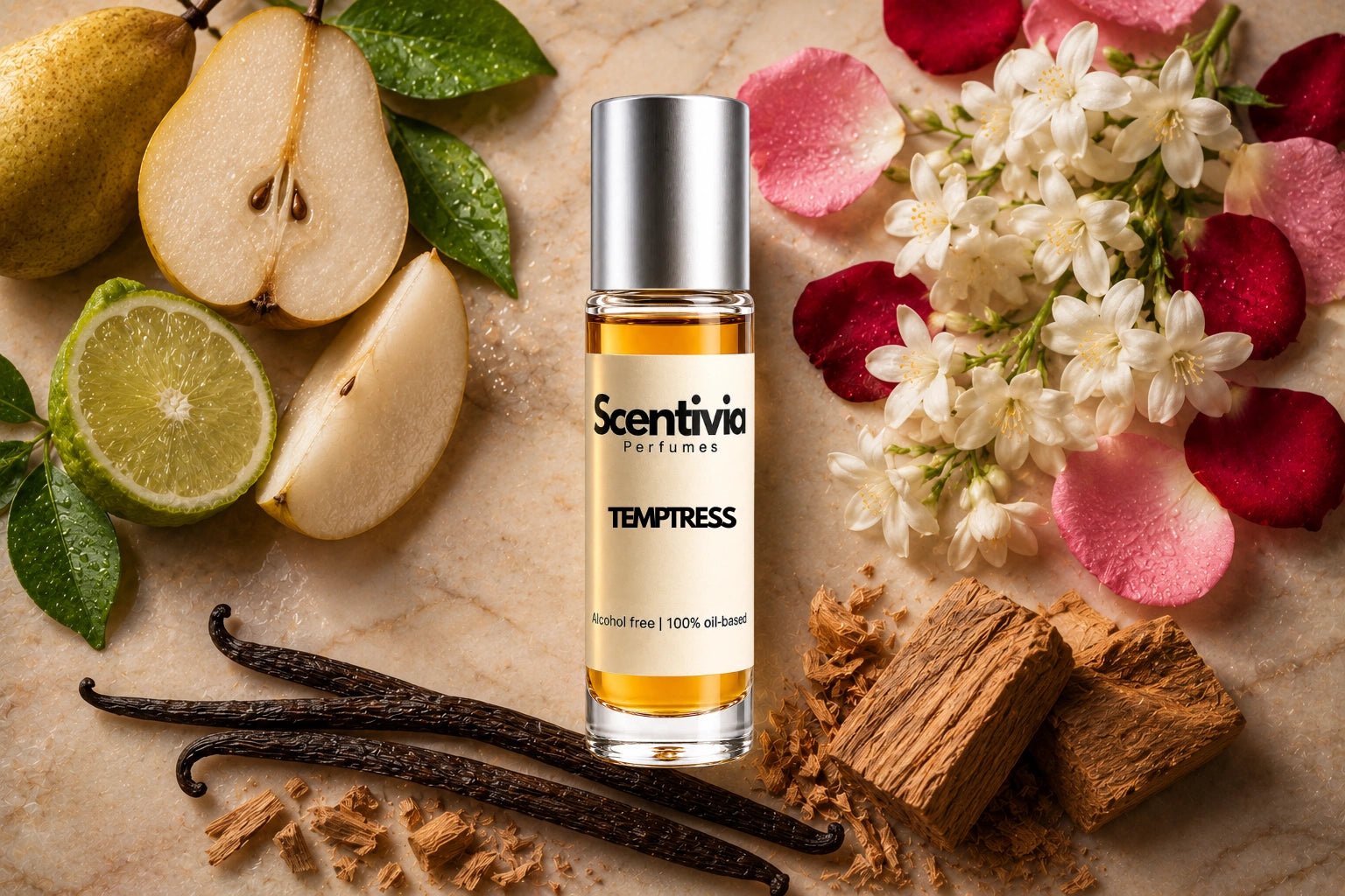 Temptress roll on bottle with Pear, Lime, Jasmine flowers, Rose petals, Vanilla pods and Sandalwood on marble background