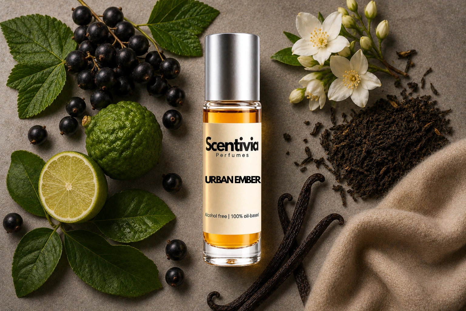 Urban Ember Roll On bottle surrounded by Blackcurrant, Bergamot, White Florals, Vanilla and Tea with rich warm notes