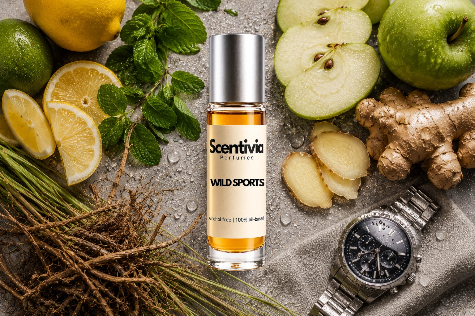 Wild Sports roll on bottle with Lemon, Mint, Green Apple, Ginger, Vetiver roots and wristwatch on fresh stone background