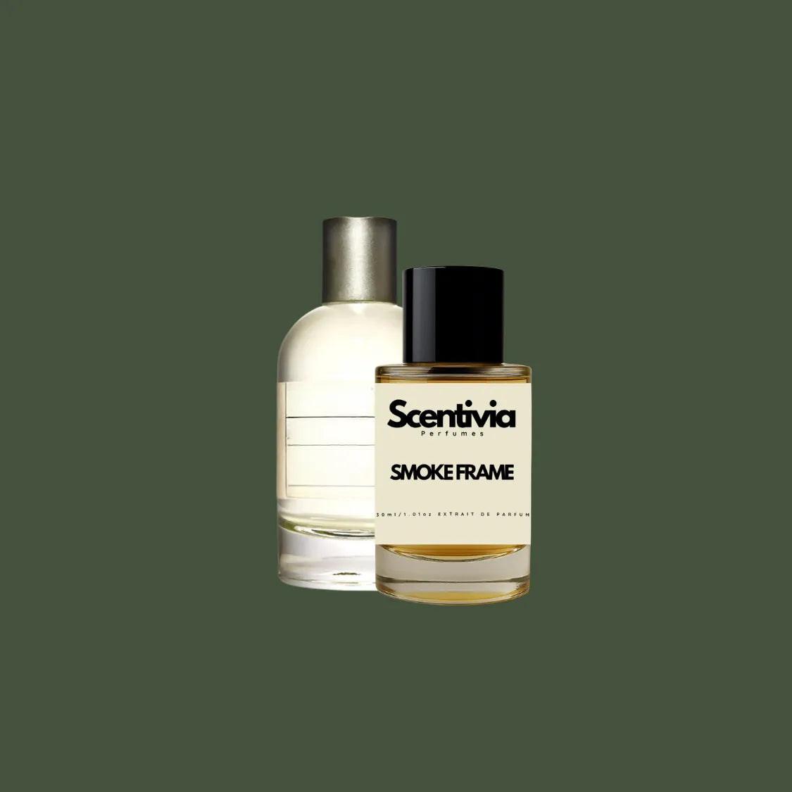 Scentivia Smoke Frame perfume bottle paired alongside a luxury rounded clear glass bottle featuring a minimal off-white label and a brushed metallic silver cap, on a solid dark olive green background.
