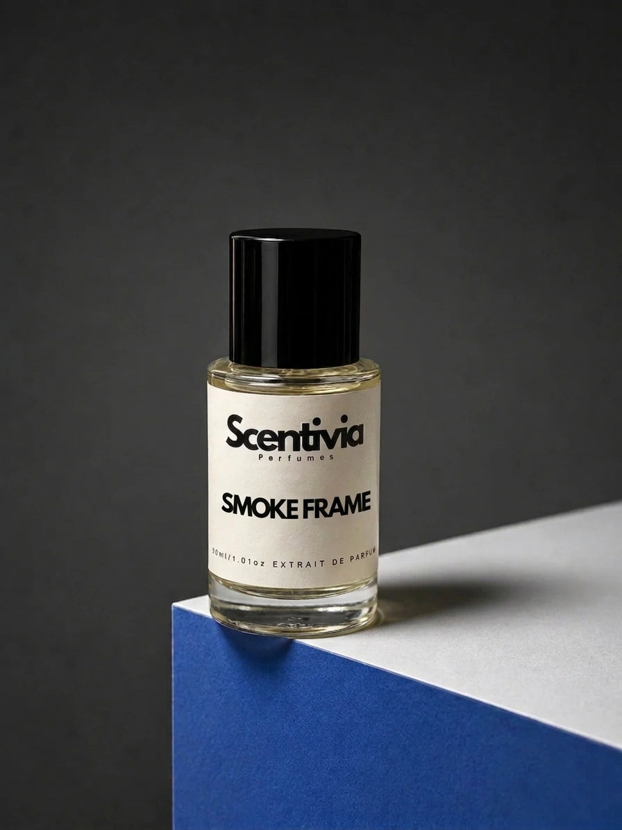 Smoke Frame fragrance bottle with black cap and clear amber liquid