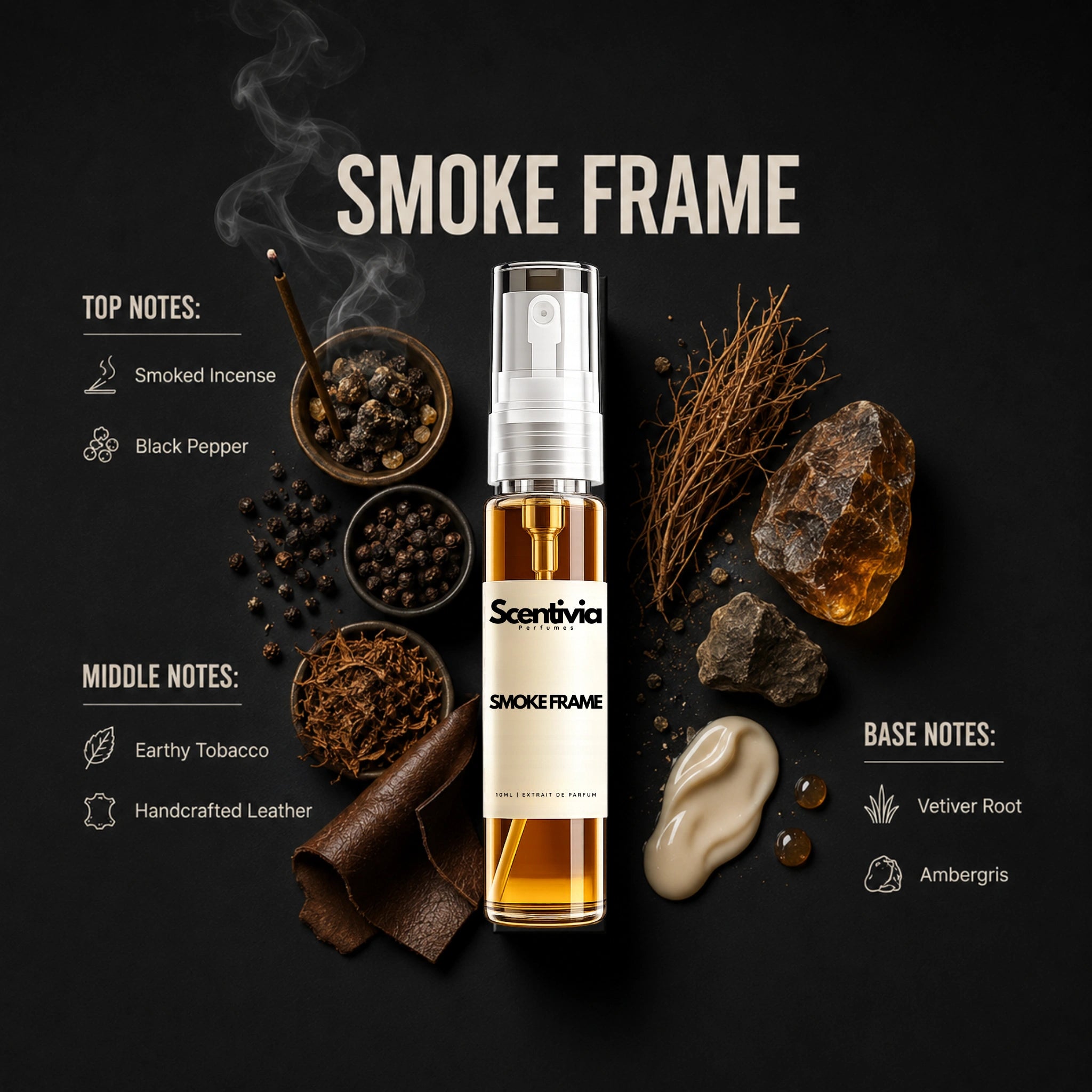 Smoke Frame 10ML perfume bottle by Scentivia Perfumes with Incense, Black Pepper, Tobacco, Leather, Vetiver and Ambergris