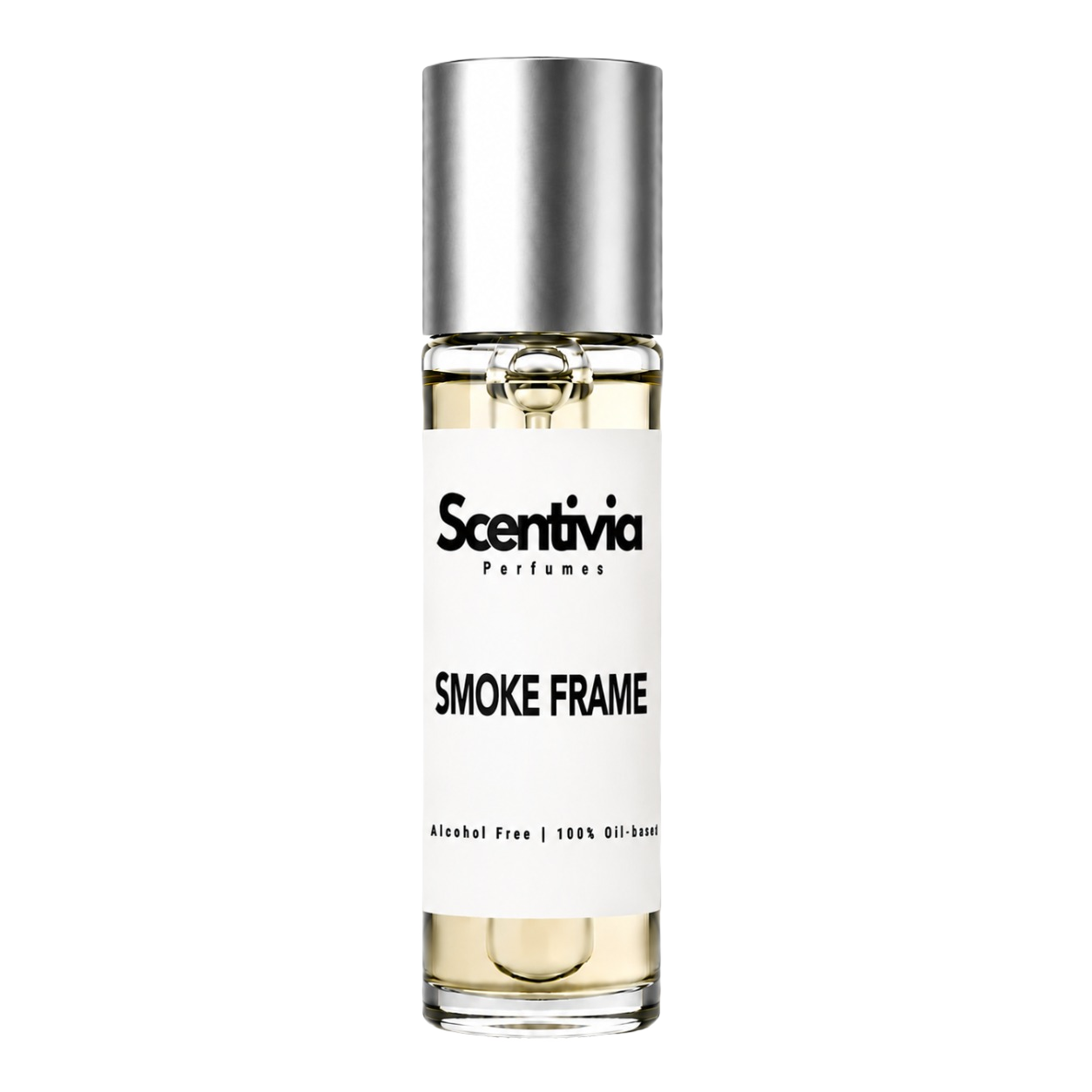 Perfume roller bottle with silver cap, clear glass, Scentia Smoke Frame label