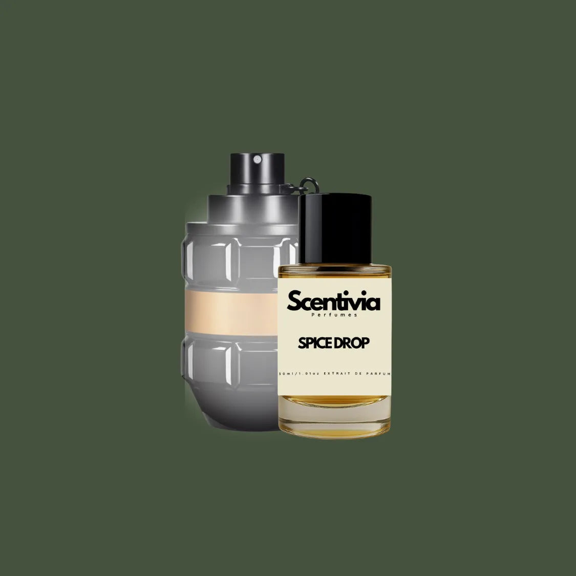 Scentivia Spice Drop perfume bottle paired alongside a distinctive grenade-shaped designer fragrance bottle featuring a matte gray finish and a tan central band, on a solid dark olive green background.