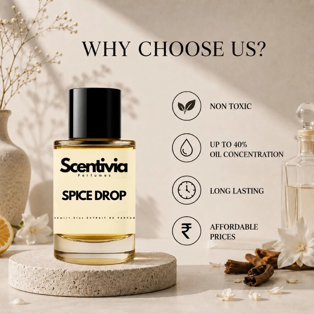 Scentivia Spice Drop perfume advertisement with "Why Choose Us?" text, listing benefits like non-toxic and long lasting next to the bottle.