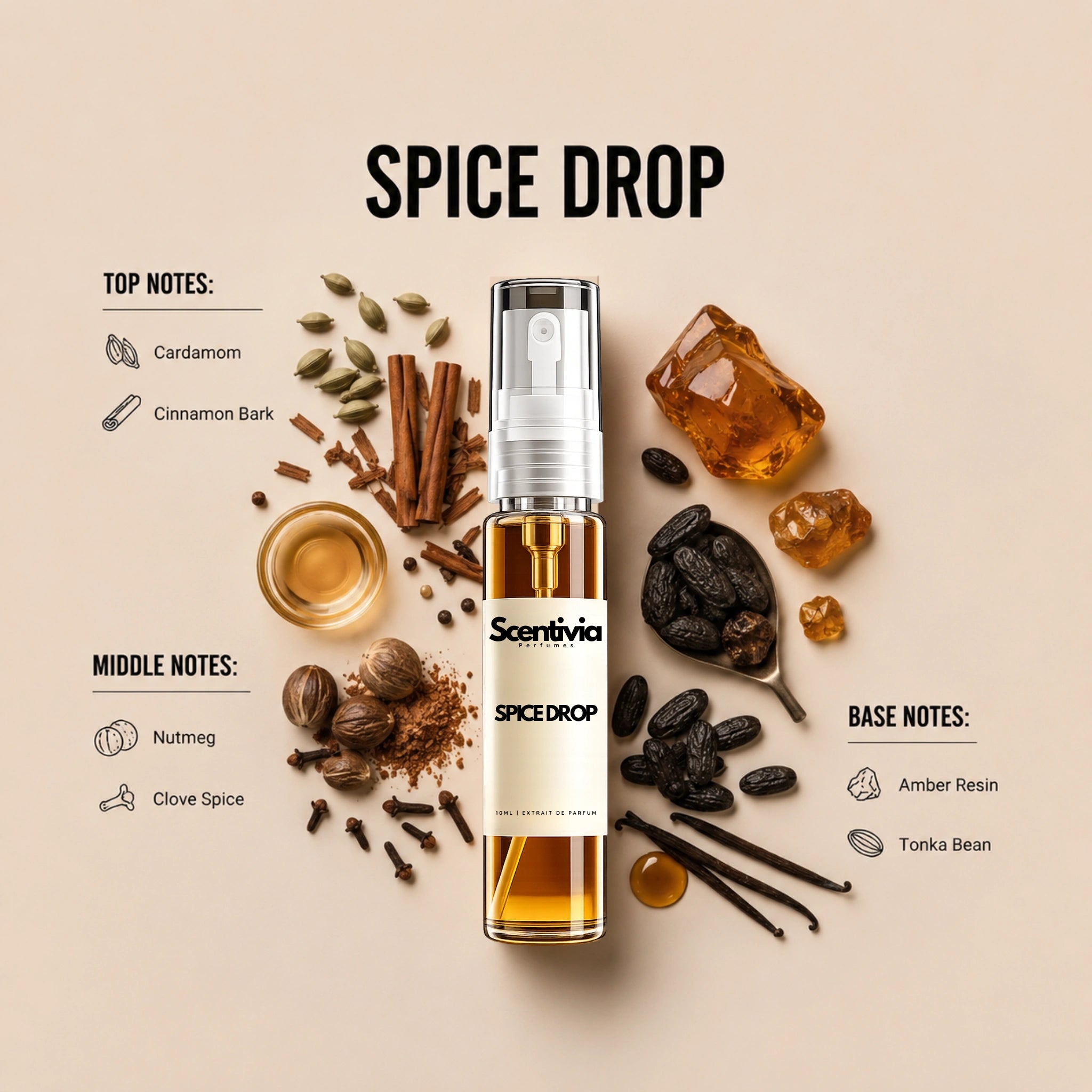 Spice Drop 10ML perfume bottle by Scentivia Perfumes with Cardamom, Cinnamon, Nutmeg, Clove, Amber Resin and Tonka