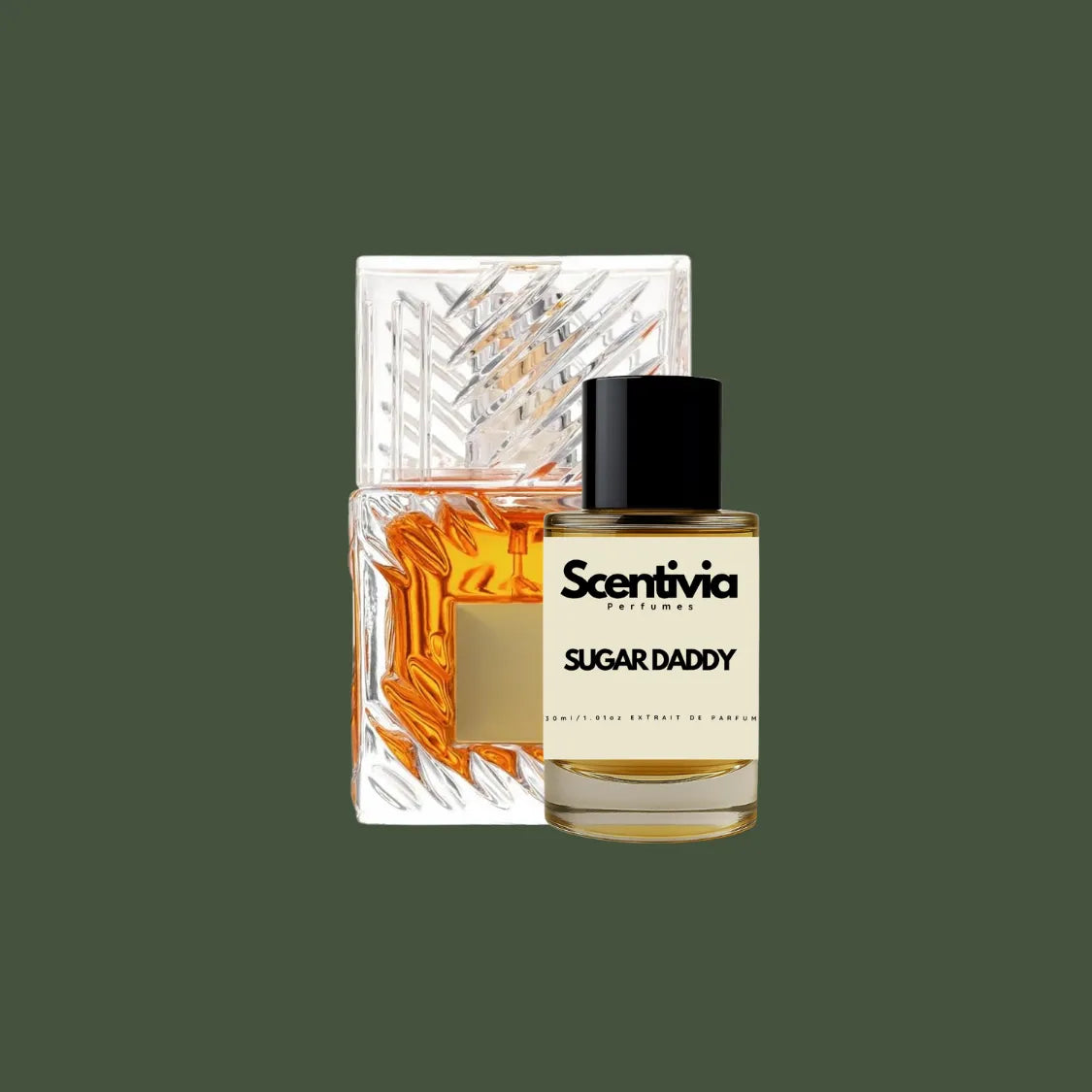 Scentivia Sugar Daddy perfume bottle paired alongside a luxury crystal bottle containing amber liquid on a solid dark olive green background.