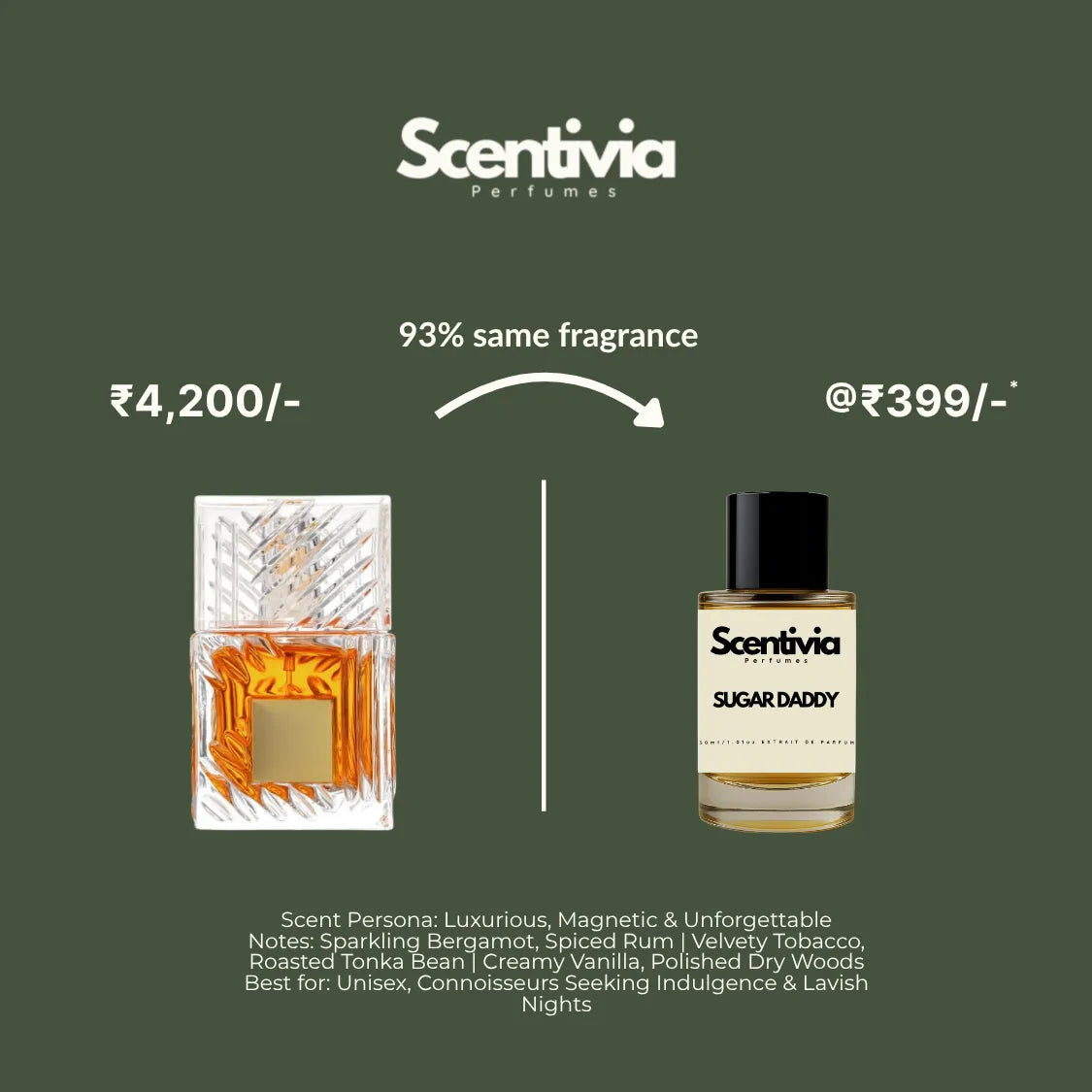 Scentivia Perfumes advertisement comparing a luxury crystal bottle to Sugar Daddy for 399, highlighting a 93 percent same fragrance match.