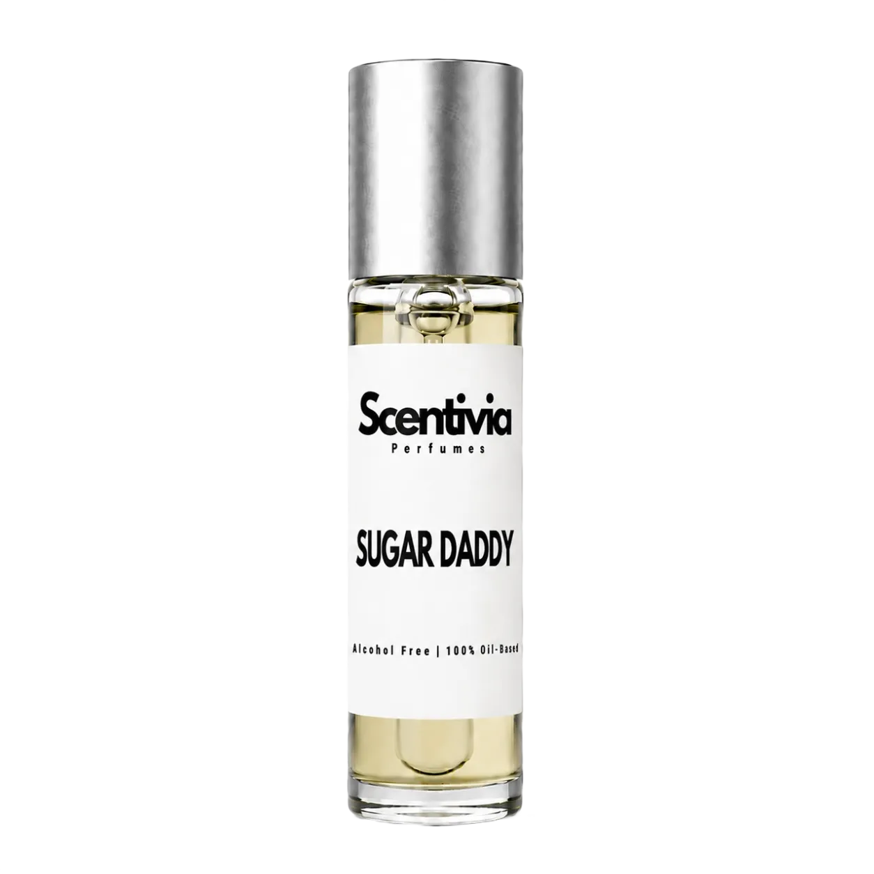 Perfume roll-on bottle with silver cap and clear glass body, labeled Sugar Daddy