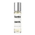 Perfume roll-on bottle, clear glass with silver cap and Sugar Spell label