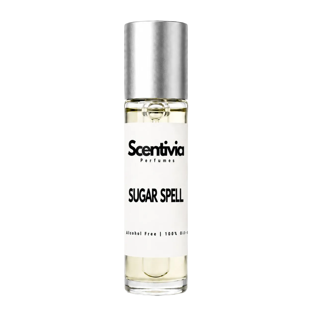 Perfume roll-on bottle, clear glass with silver cap and Sugar Spell label