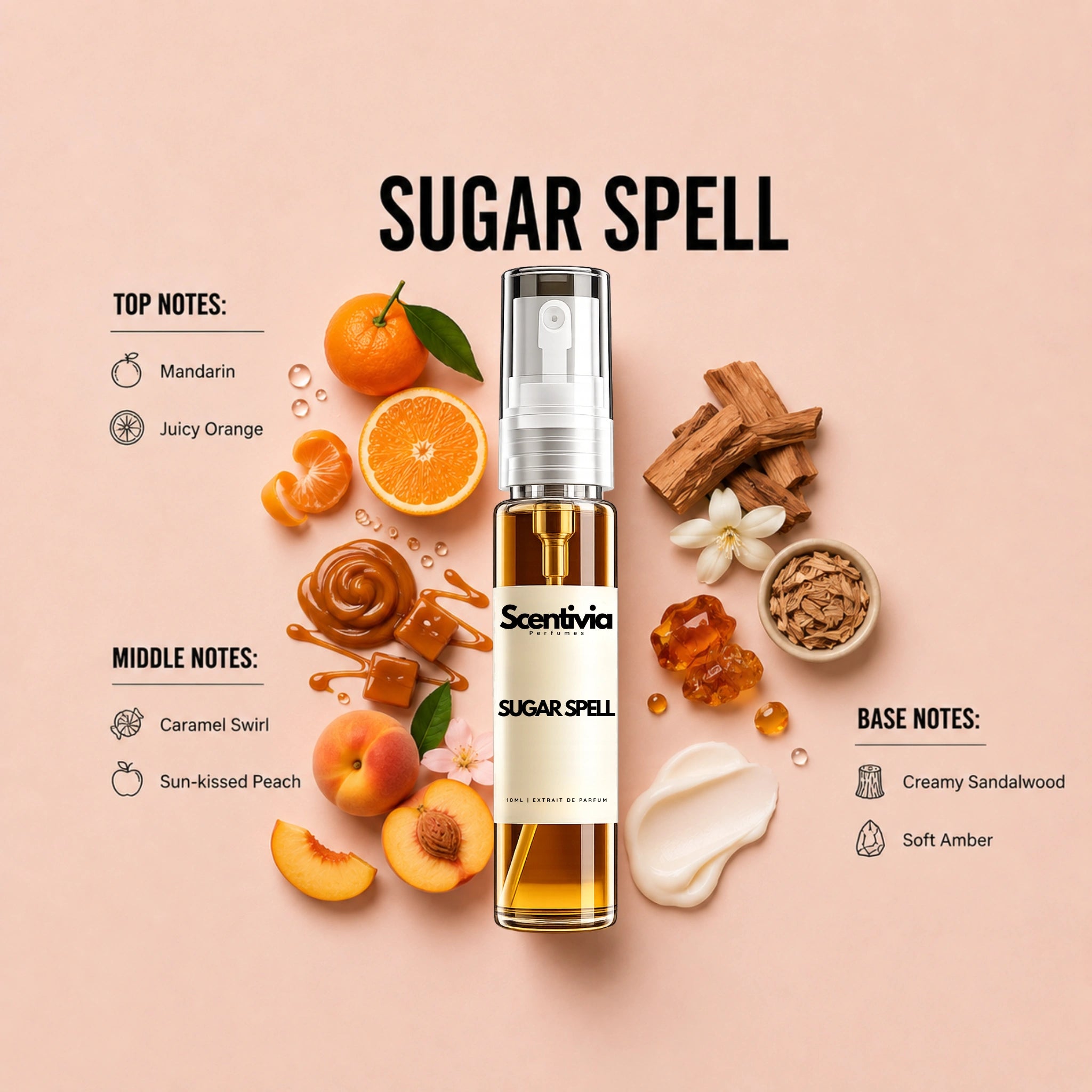 Sugar Spell 10ML perfume bottle by Scentivia Perfumes with Mandarin, Orange, Caramel, Peach, Sandalwood and Amber