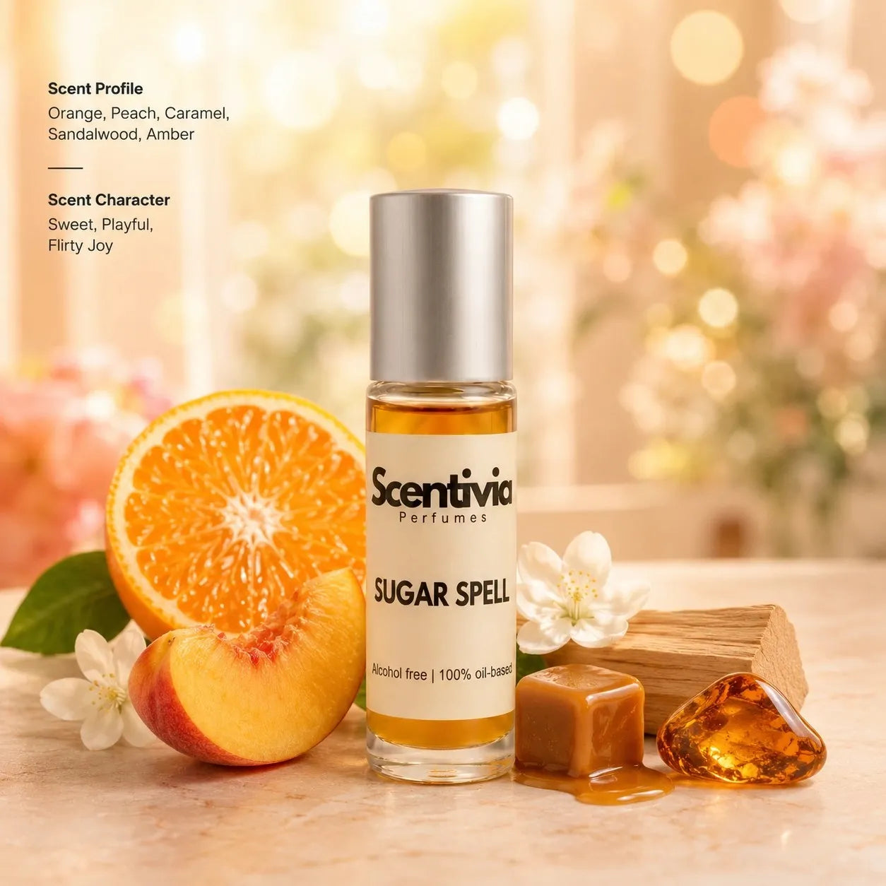 Sugar Spell roll on bottle with Orange, Peach, Caramel, Sandalwood and Amber. Character: Sweet, Playful, Flirty