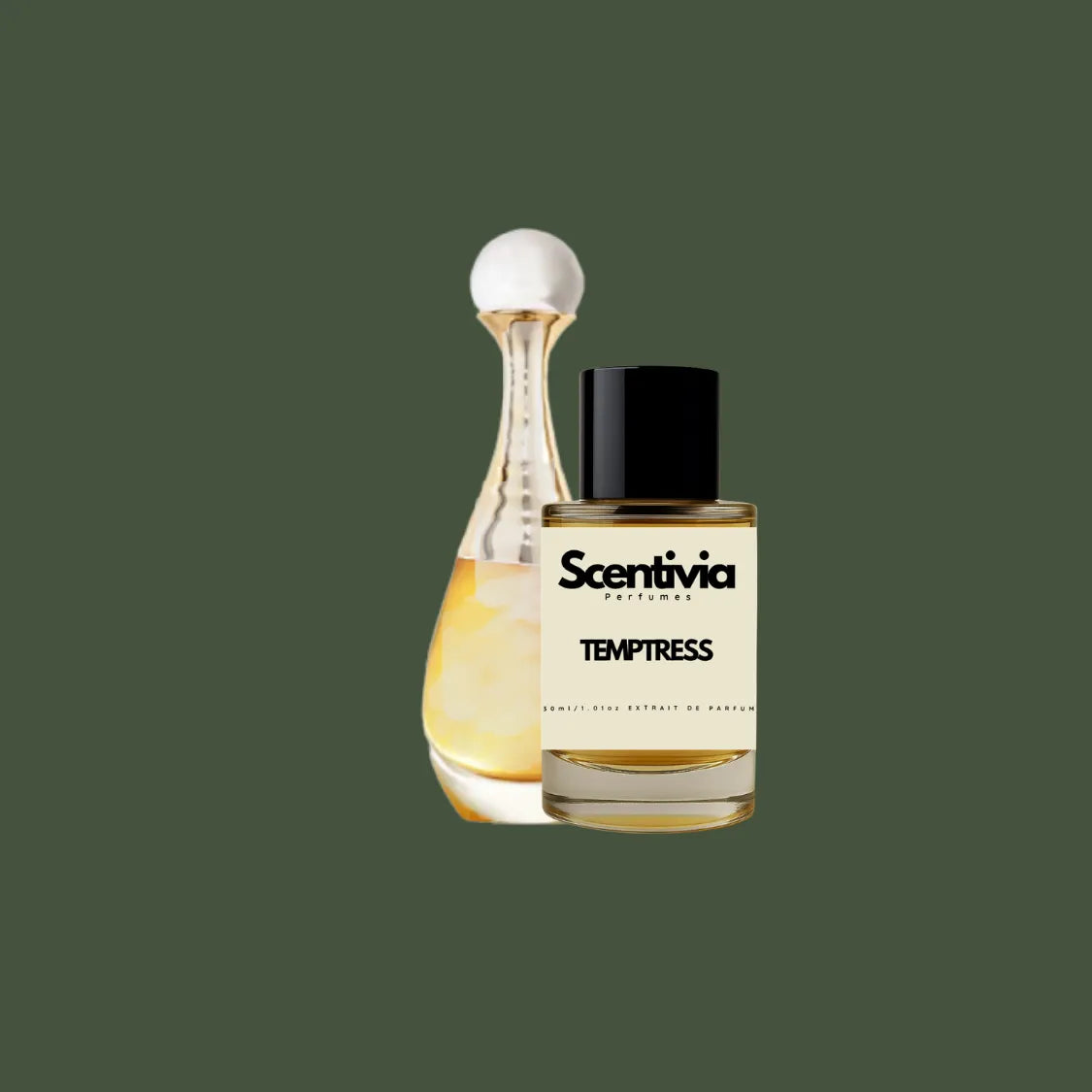 Scentivia Temptress perfume bottle paired alongside a luxury amphora-shaped glass bottle featuring an elongated gold ribbed neck and a white spherical cap, on a solid dark olive green background.