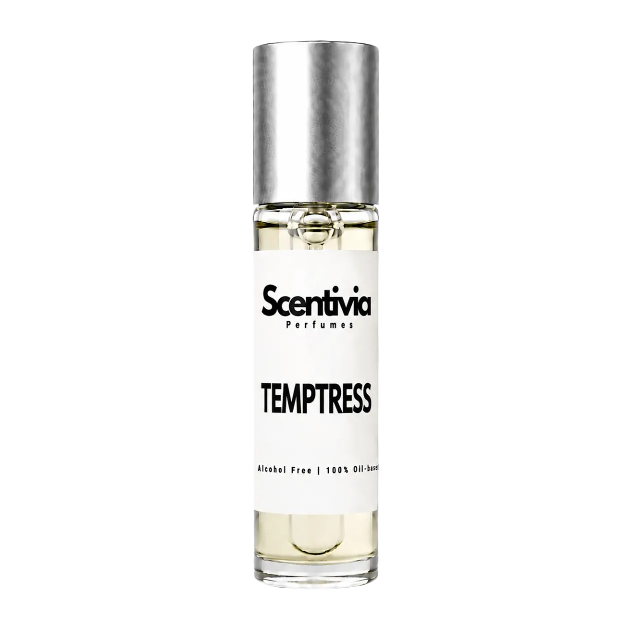 Roll-on perfume bottle with silver cap and glass cylinder, label reads TEMPTRESS