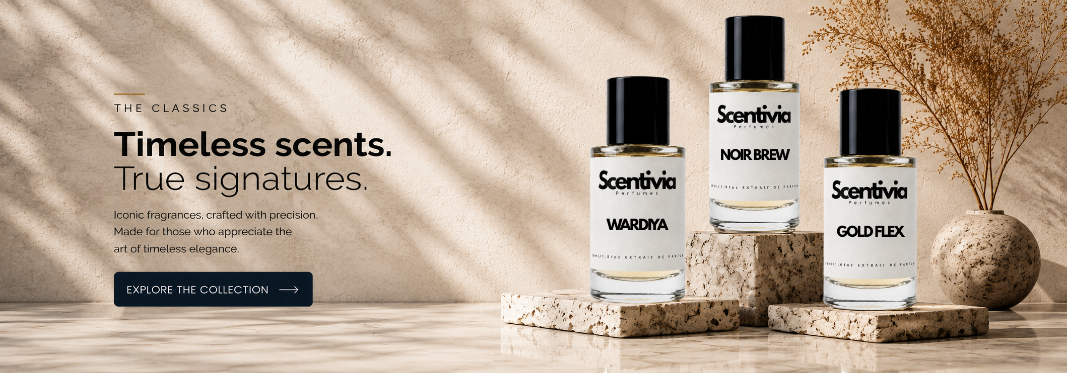 Three bottles of Scentivia perfume on a wooden surface with a neutral background