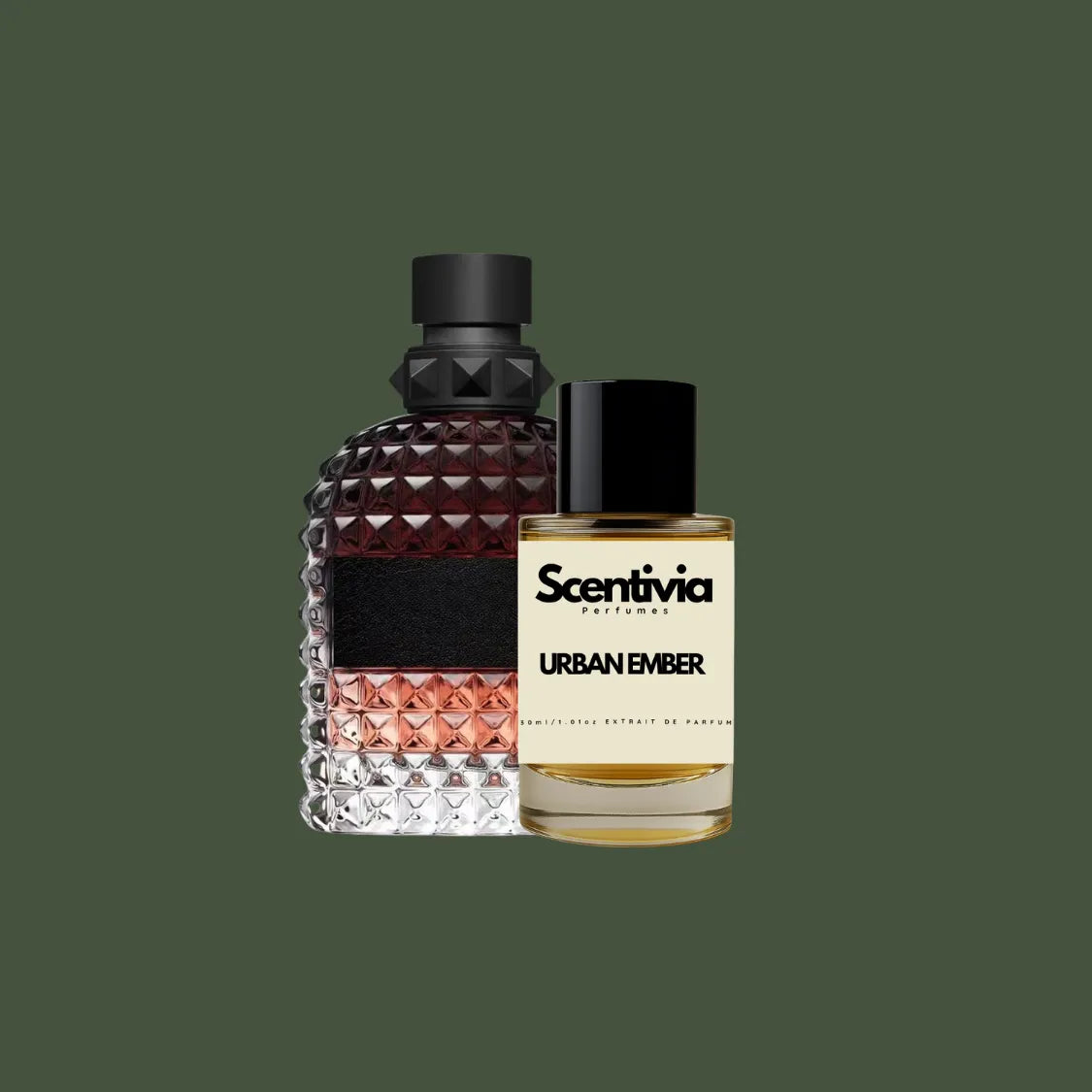 Scentivia Urban Ember perfume bottle paired alongside a luxury studded glass bottle with a black leather midsection on a solid dark olive green background.