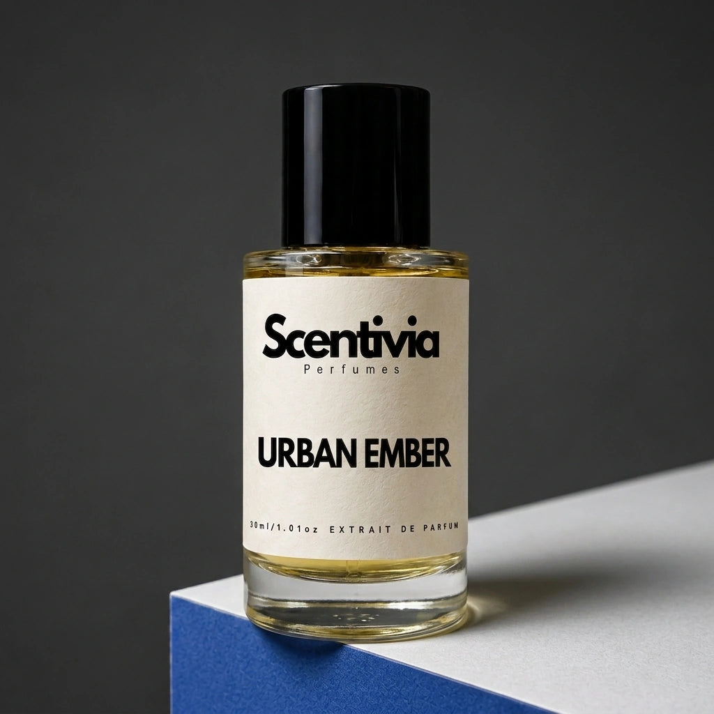 Urban Ember perfume bottle with black cap and gold label, clear amber liquid