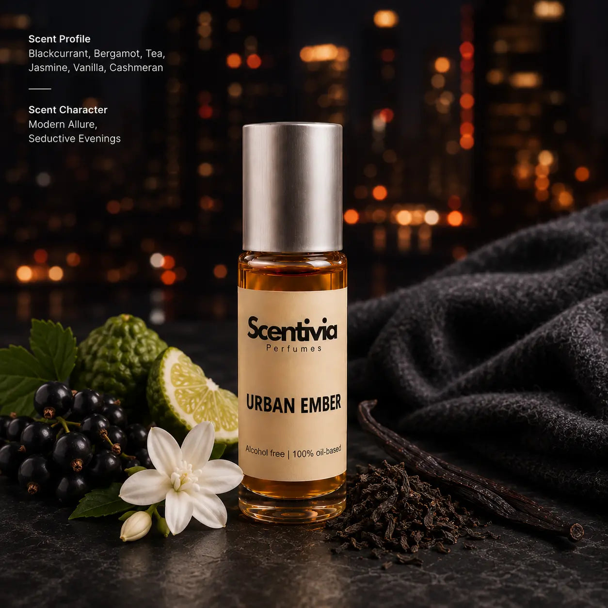 Urban Ember Roll On bottle with Blackcurrant, Bergamot, Tea and Vanilla featuring a modern seductive scent profile