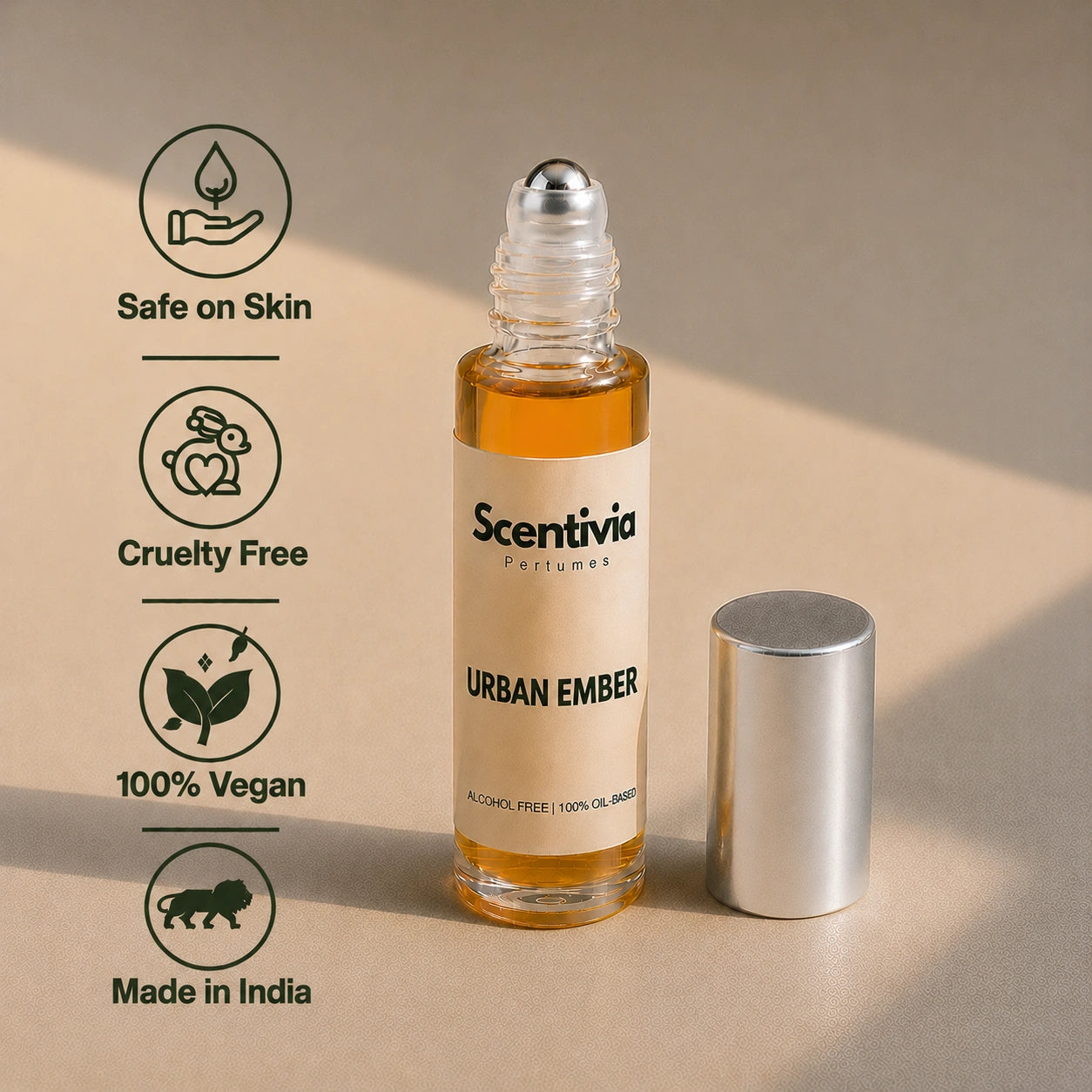 First Mist Roll On bottle highlighting skin safe, cruelty free, vegan and Made in India alcohol free perfume benefits